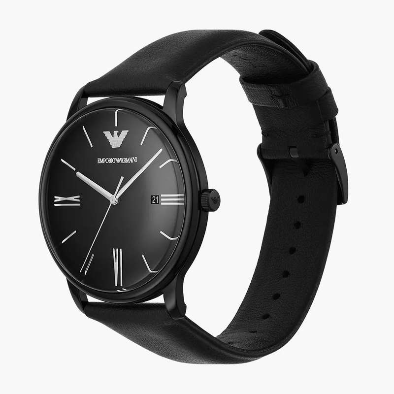 Emporio Armani Three-Hand Date Black Leather Men's Watch | AR11573