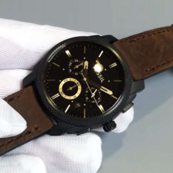 Fossil Machine Black Round Leather Men's Watch | FS4656IE