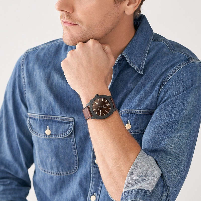 Fossil Machine Three-hand Date Dark Brown LiteHide Men's Leather Watch | FS5972