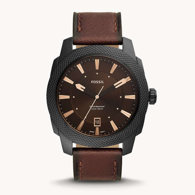 Fossil Machine Three-hand Date Dark Brown LiteHide Men's Leather Watch | FS5972