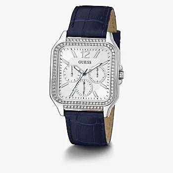 GUESS Silver Tone Case Navy Genuine Leather Woman's Watch | GW0309L1