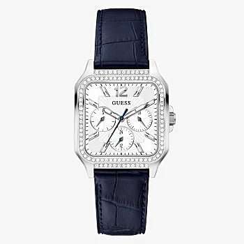 GUESS Silver Tone Case Navy Genuine Leather Woman's Watch | GW0309L1