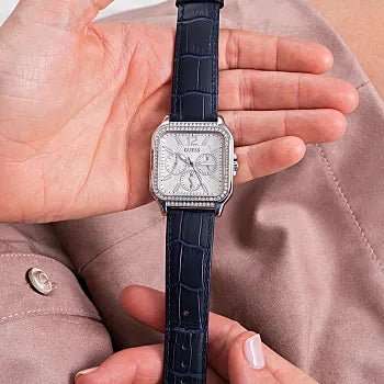 GUESS Silver Tone Case Navy Genuine Leather Woman's Watch | GW0309L1