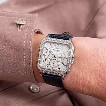 GUESS Silver Tone Case Navy Genuine Leather Woman's Watch | GW0309L1