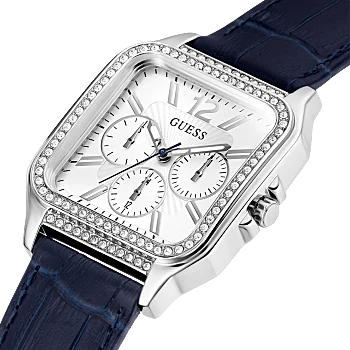 GUESS Silver Tone Case Navy Genuine Leather Woman's Watch | GW0309L1