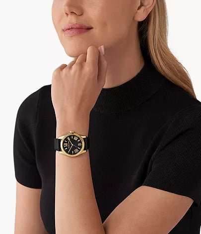 Michael Kors Lexington Three-Hand Black Leather Woman's Watch | MK4748