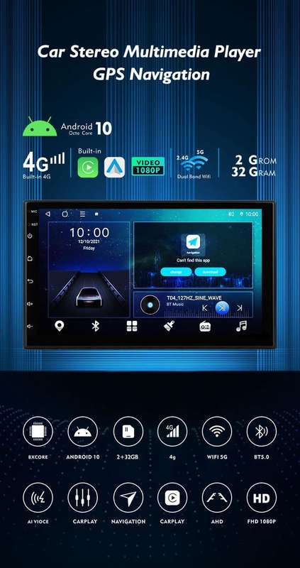 Navtech 7" Inch 2+32G Carplay & A/Auto Double Din Radio