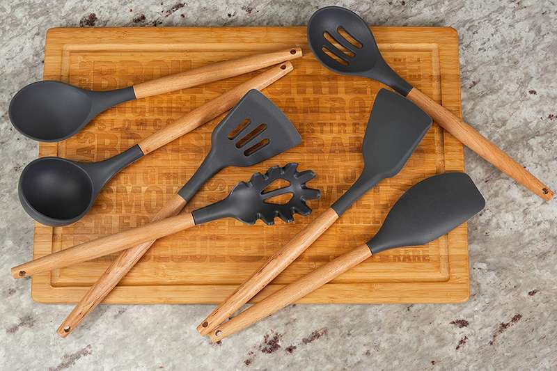 Silicone Slotted Utensils With Wooden Handle - 7 set