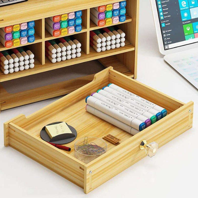 Wooden Desktop Stationery Organizer With 17 Compartments - Brown