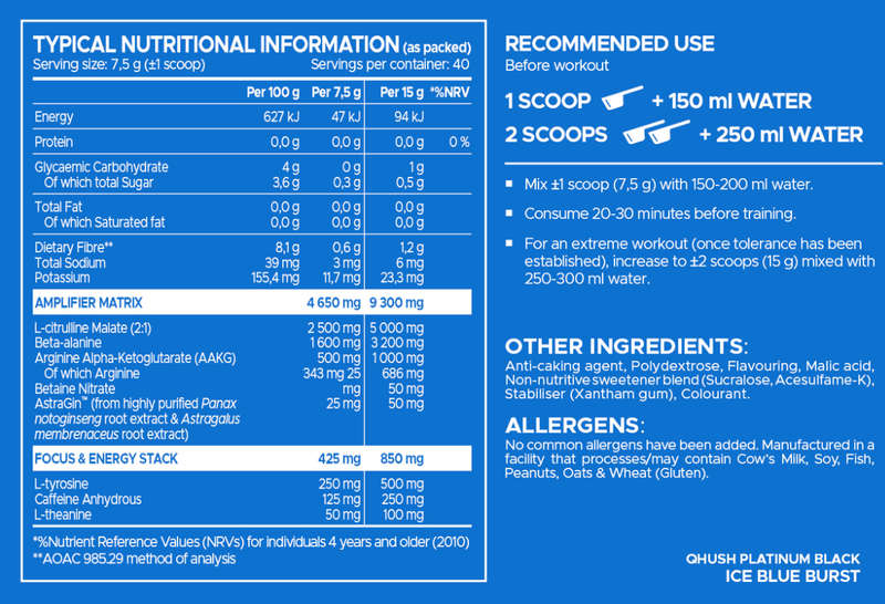 USN Qhush Platinum Black Pre-Workout, Ice Blue Burst