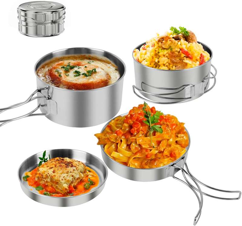 4 Piece Stackable Stainless Steel Camping Pots & Pans Set FX-9115-3