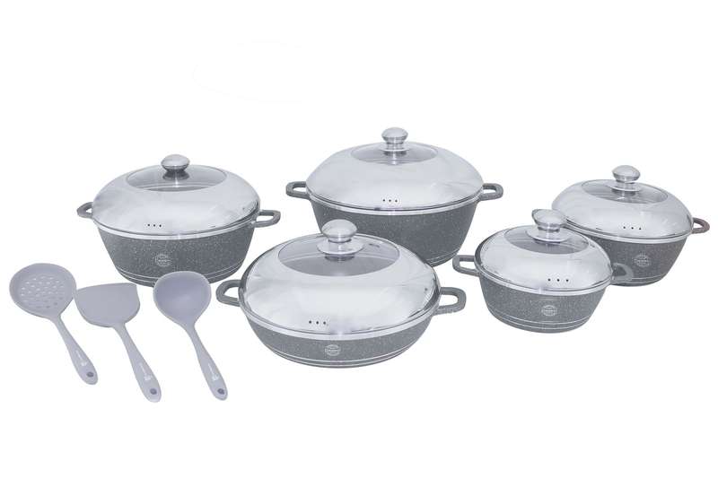 10 Piece Dessini Die Cast Aluminum Marble Coated NonStick Pot Set & 3 Utensils