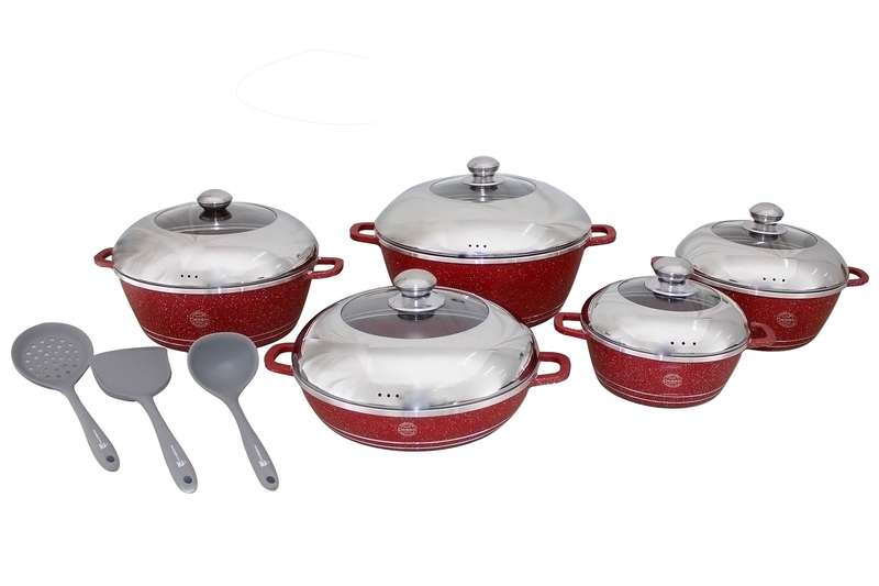 10 Piece Dessini Die Cast Aluminum Marble Coated NonStick Pot Set & 3 Utensils