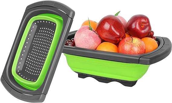 Silicone Collapsible Strainer with Extendable Handle Over Sink Drain Basket for Pasta, Vegetables, F