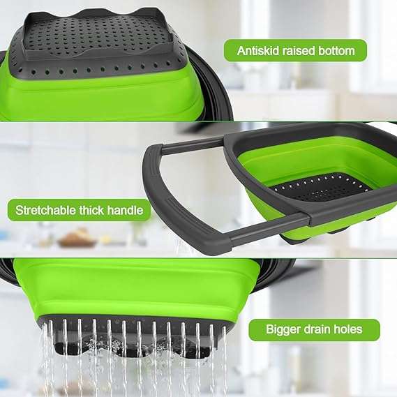 Silicone Collapsible Strainer with Extendable Handle Over Sink Drain Basket for Pasta, Vegetables, F
