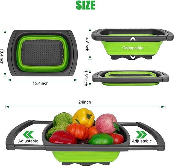 Silicone Collapsible Strainer with Extendable Handle Over Sink Drain Basket for Pasta, Vegetables, F