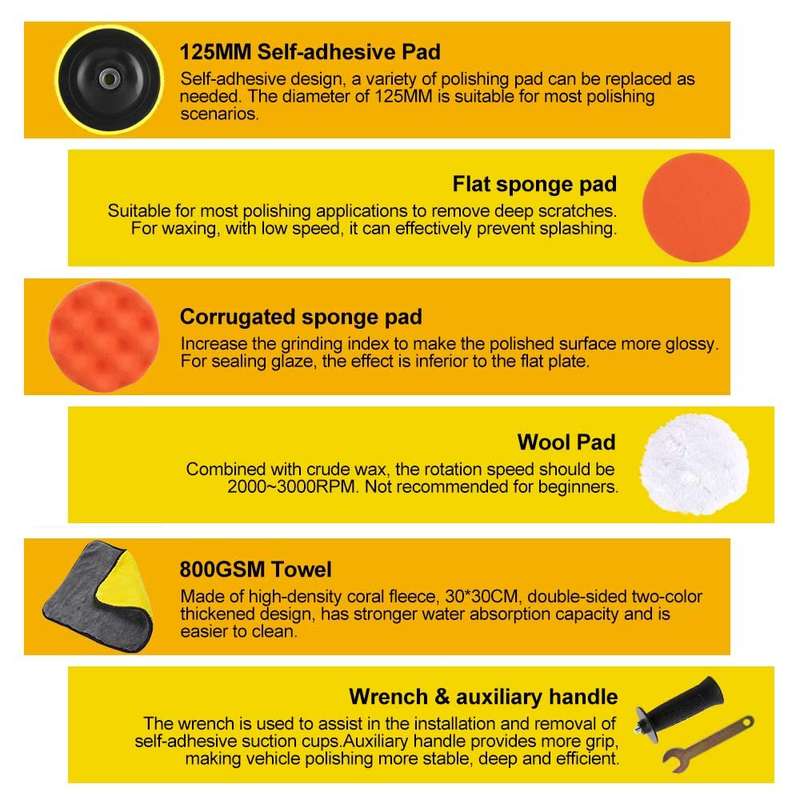 PXIN 5`` Rotary Car Polisher Buffer Waxing Machine Variable Speed Polish Towel Pad Kit