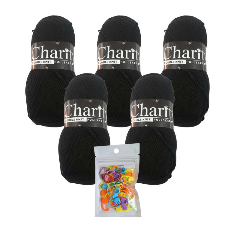 5 x 100g 017 Black Charity Double Knit Pullskein