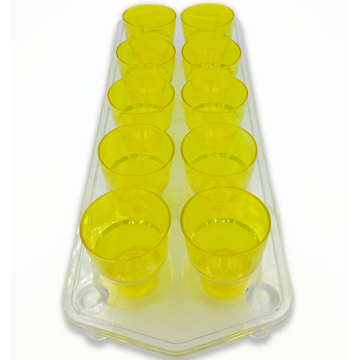 10 Neon Plastic Shot Glasses with Tray - Red