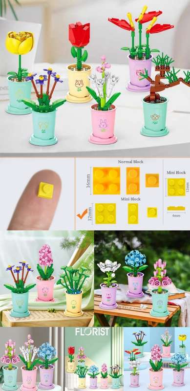 Set of 12 Botanical 3D Bouquet of Florist Flower Bricks and Potted Plants