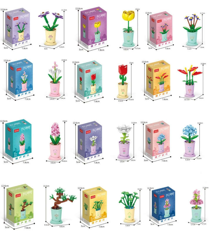 Set of 12 Botanical 3D Bouquet of Florist Flower Bricks and Potted Plants