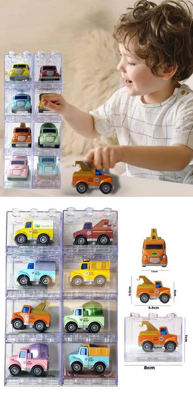 Set Of 8 Engineering vehicles In Interlocking Acrylic Display Cases