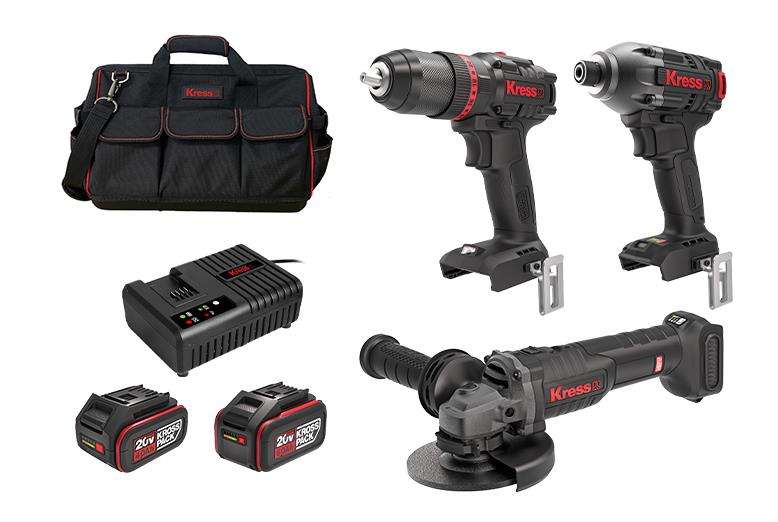 Kress Cordless 20V Hammer Drill, Impact Driver & Grinder Combo Kit - KUG003