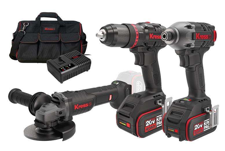 Kress Cordless 20V Hammer Drill, Impact Driver & Grinder Combo Kit - KUG003