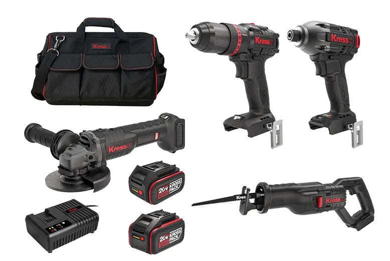 Kress Cordless 20V Hammer Drill, Impact Driver, Grinder & Recip Saw Combo Kit - KUG004