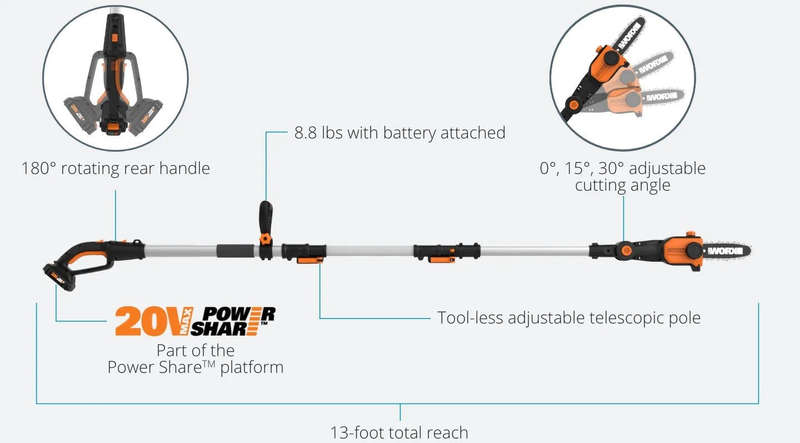 Worx 20V Cordless Pole Saw - Tool Only - WG349E.9