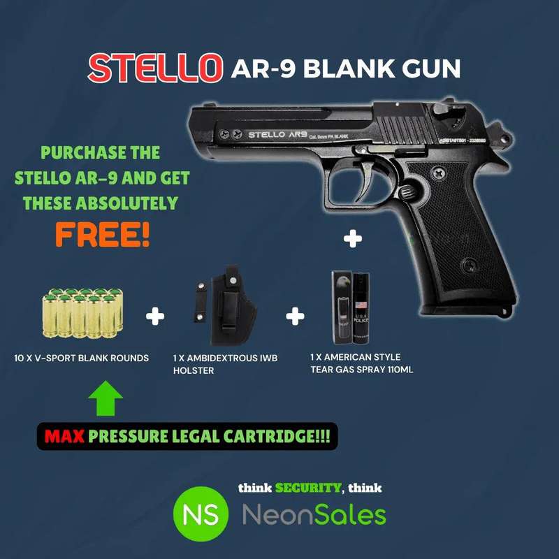 STELLO AR-9 BABY EAGLE+10 BLANKS+ HOLSTER+ TEARGAS