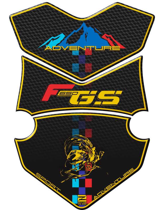 BMW F 650 GS Yellow and Black Carbon Fibre Motor Bike Tank Pad / Protector. A universal adventure...
