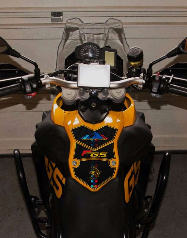 BMW F 650 GS Yellow and Black Carbon Fibre Motor Bike Tank Pad / Protector. A universal adventure...