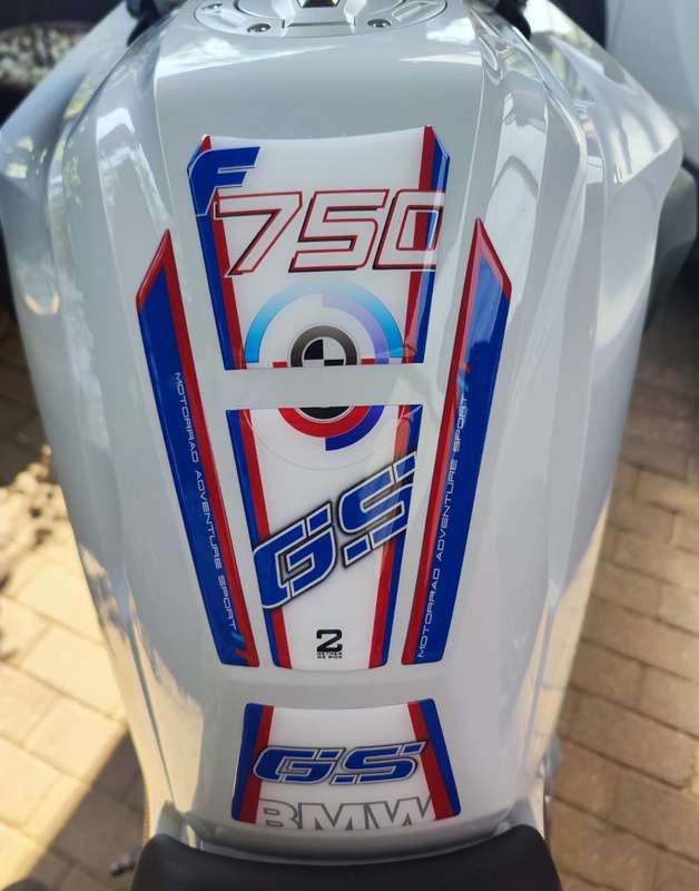 BMW F 750 GS Motor Bike Tank Pad. White, Blue and Red BMW Motor Bike Tank Pad / Protector