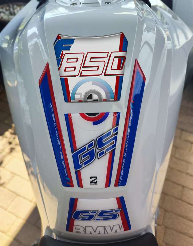 BMW F 850 GS Motor Bike Tank Pad. Red, White and Blue Motor Bike Tank Pad / Protector