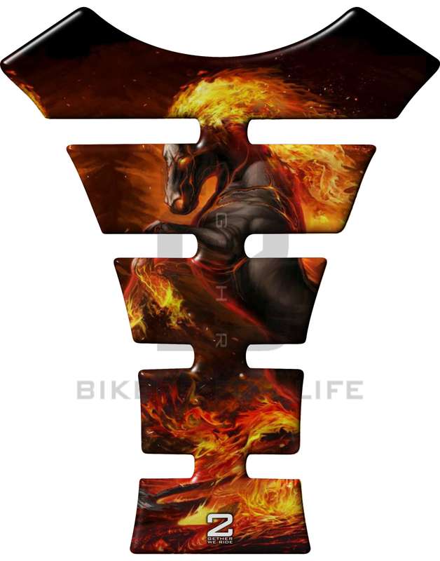 Universal Fit Black and Red Flaming Horse Tank Pad. A Street Pad which fits most motorcycles.