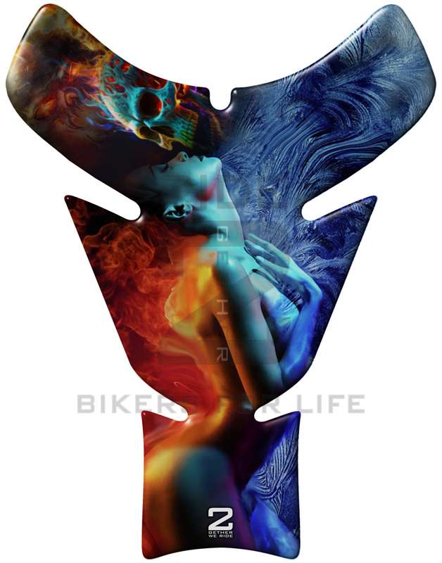 Fire and Ice Neon Skull Kissing Lady Bike Tank Pad Protector. A Street Pad which fits most motorc...