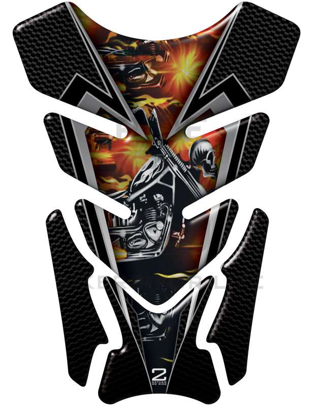 Motor Bike Street Tank Pad - Fiery Skull Motor Head Carbon Fibre Motor Bike Tank Pad. Universal Fit