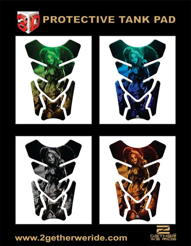 Motor Bike Tank Pad .Yellow, Orange and Black Amazon Warrior with Angelic Wings. Universal Fit. A...
