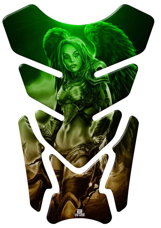 Motor Bike Tank Pad. Green and Black Universal Fit Amazon Warrior with Angelic Wings. A Street Pa...