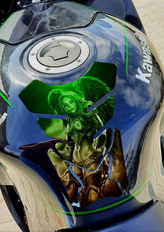 Motor Bike Tank Pad. Green and Black Universal Fit Amazon Warrior with Angelic Wings. A Street Pa...