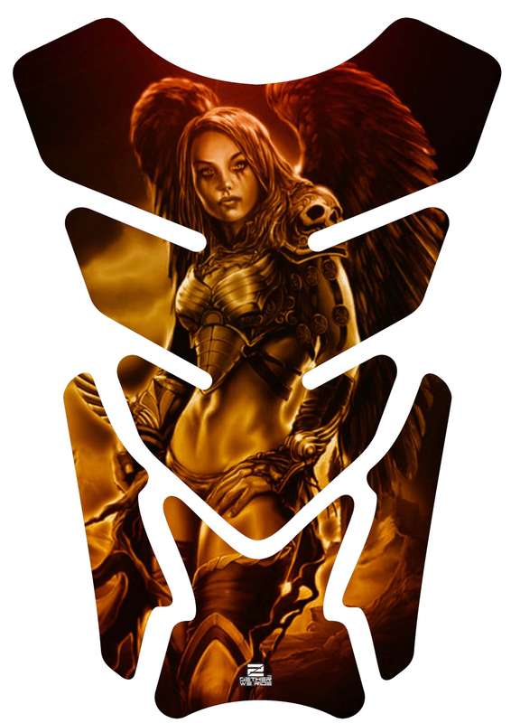 Motor Bike Tank Pad .Yellow, Orange and Black Amazon Warrior with Angelic Wings. Universal Fit. A...