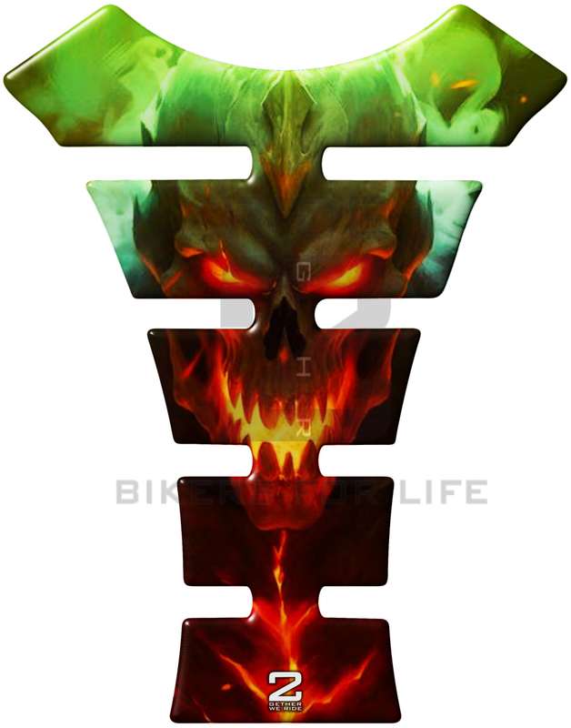Universal Fit Yellow and Green Fiery Venom Skull Motor Bike Tank Pad Protector. A Street Pad whic...