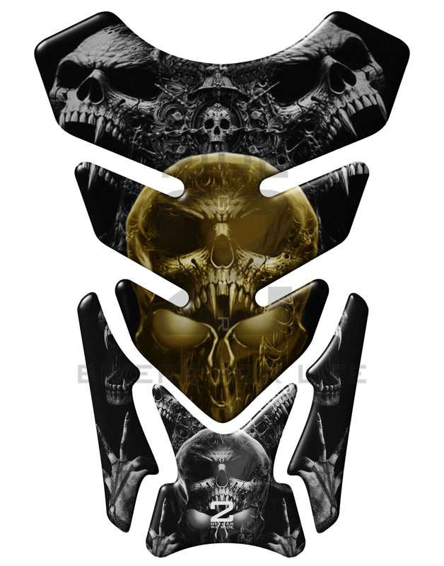 Universal Fit Black and Gold Bling Skull  Motor Bike Tank Pad Protector.  A Street Pad which fits...