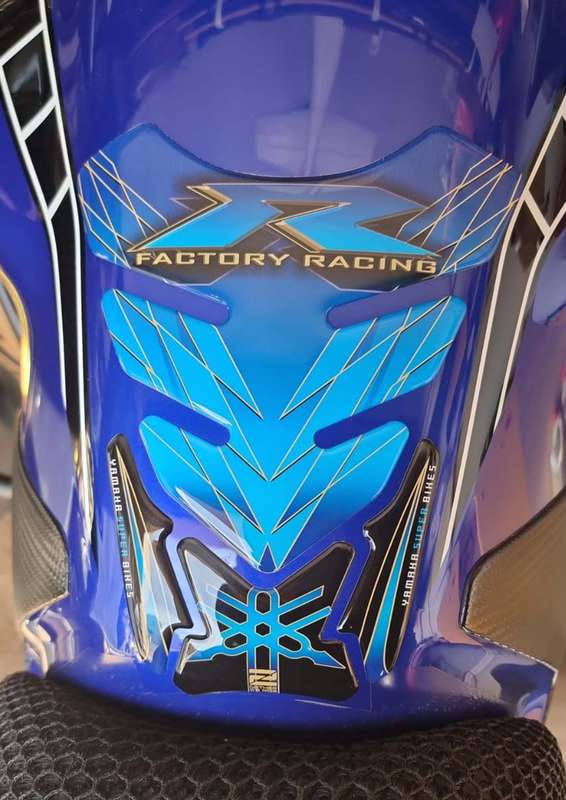 Yamaha Motor Bike Tank Pad. Blue and Gold Factory Racing R Series Motor Bike Tank Pad Protector.