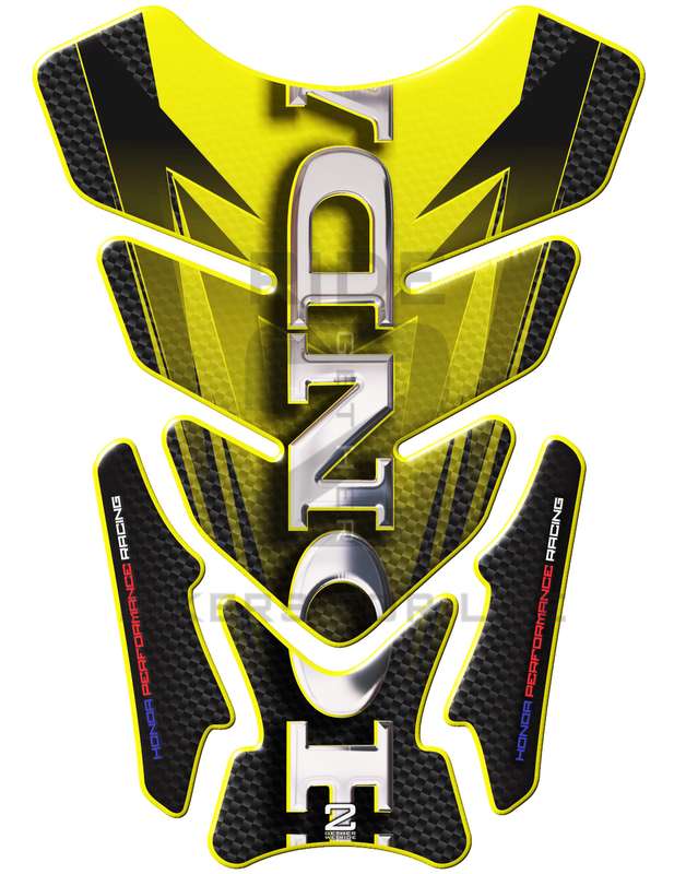 Honda Black, Carbon Fibre with Yellow Trims, Protective Tank Pad. Fits most Honda models.