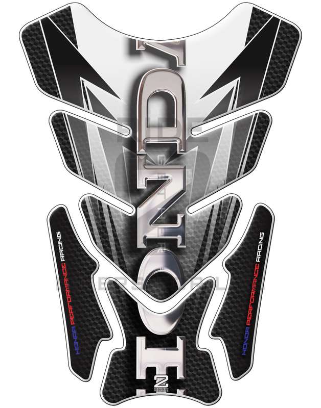 Honda Black, Carbon Fibre with White Trims, Protective Tank Pad. Fits most Honda models.