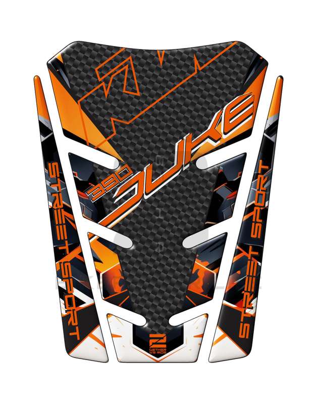 KTM Orange White and Black Carbon Fibre 390 Duke.  A universal Tank Pad which fits most KTM 390 D...
