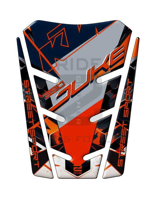 KTM Orange White, Blue and Black Carbon Fibre 390 Duke.  A universal Tank Pad which fits most KTM...
