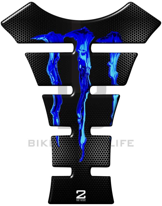 Universal Fit Blue and Black Monster Tank Pad Protector. A Street Pad which fits most models.